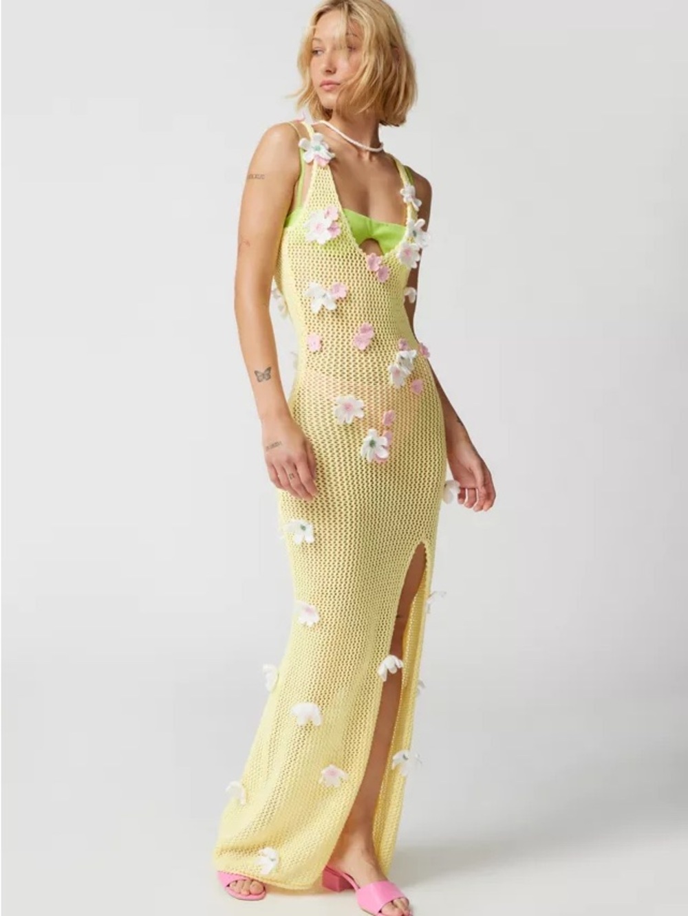 For Love & Lemons Yellow Crochet Maxi Dress with Pink & White Flower Appliqués